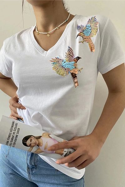 Bİ.GİYSEN White V-Neck Lycra Cotton Blouse - Plus Size, Two-Bird Shoulder