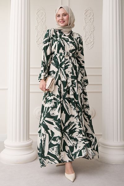 InStyle فستان فيسكوز كاكي بنمط فرشاة بأزرار