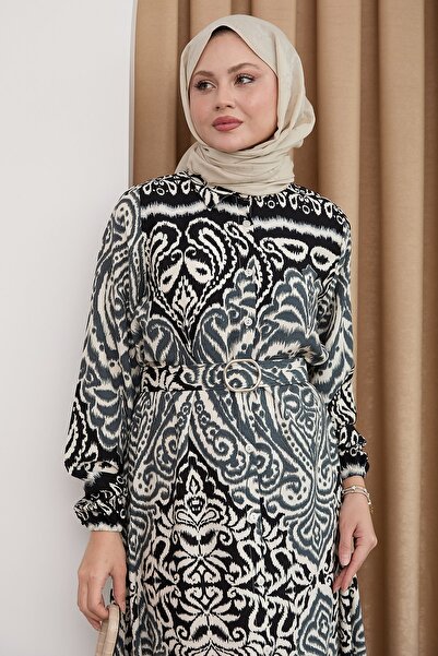 InStyle Gölge Desen Siyah Viskon Elbise