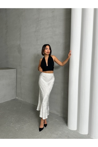 BEJNA Women's White Leopard Patterned Long Satin Skirt