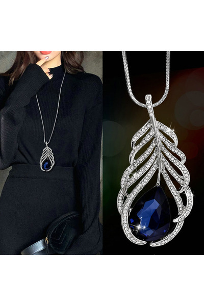 Choice قلادات وقلادات دائرية طويلة من الكريستال الأزرق الفاخر على شكل ريشة لل...