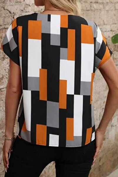 Mossta Women's Short Sleeve V Neck Batwing Atlas Blouse - Stylish Blouse with Geometric Print