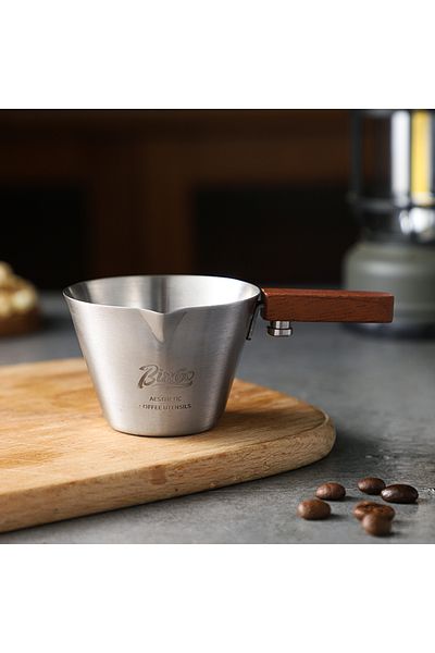 Choice 120ml Silver BINCOO Wooden handle Italian espresso measuring cup, stainless steel with scale, small