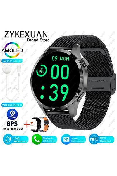 ZYKEXUAN GPS NFC Smart Watch Black mesh belt For HUAWEI IOS Outdoor Sport GPS Smart Watch Men 1.53-inch HD AM