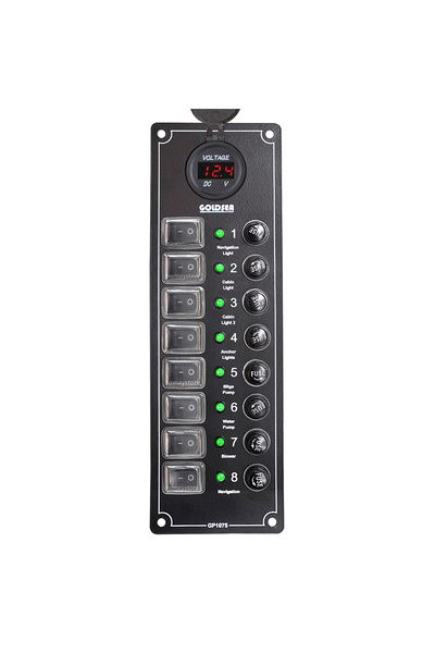 Somay Store Tekne Switch Panel 8 Anahtar Dikey Sigorta Paneli Voltmetre Soketli 12/24v 250x80mm