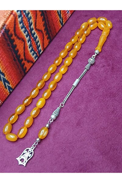 sitre 925 Ayar Gümüş Püsküllü Bal Rengi Ateş Kehribar Tesbih