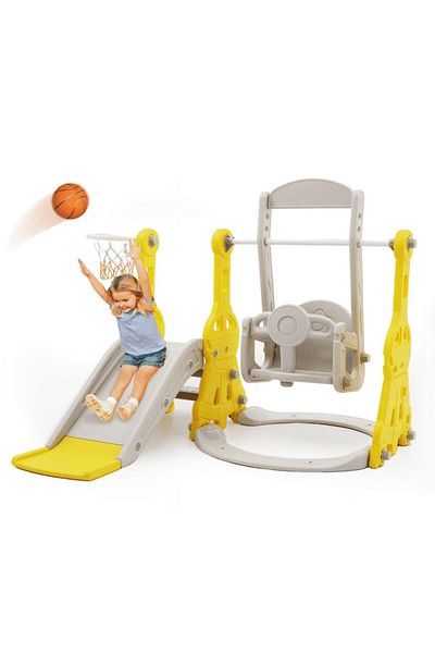 FULLJOY Slide With Swing ,climbing Ladder And Basketball Hoop 4*1, 138*118*110cm