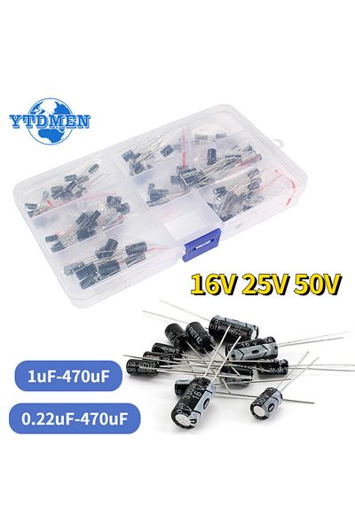 YTDMEN 1uf-470uf No Box 120pcs 16v 25v 50v Aluminum Electrolytic Capacitors Kit 12 Values 1uf-470uf , 0.22u