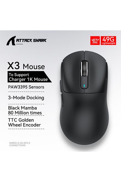 Choice ماوس لاسلكي X3Standard 1K-Black Attack Shark X3 PixArt PAW3395، ماوس خفيف الوزن بدقة 26 ألف نقطة في البوصة، Tri-M