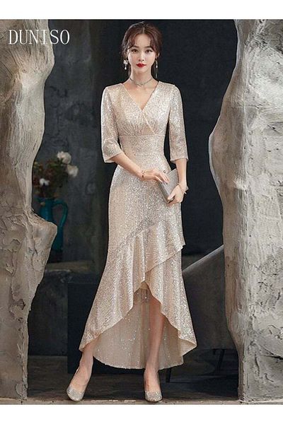 Generic Duniso Elegant Lady Evening Dress V-neck Long Wedding Party Three-quarter Sleeve Dress Banquet Party