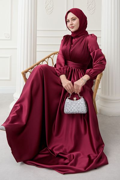 InStyle Rochie din satin burgundă plisată cu model în cruce