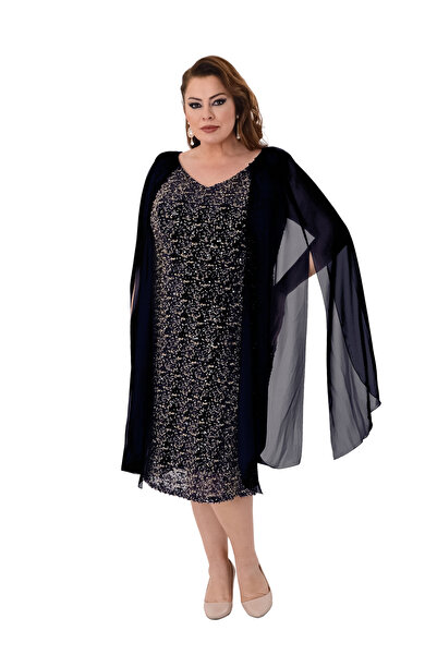 LİLAS XXL Büyük Beden Siyah Renkli Pul Payetli Kısa Abiye Elbise