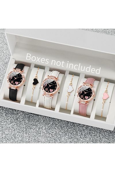 Choice 6PCS Set Without Box 6PCS/Set Women's Watch Fashion Rhinestone Heart Quartz Watch Leather Band Wrist