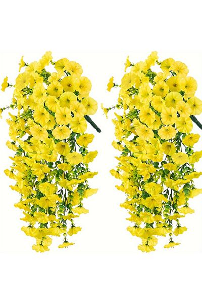 Choice Yellow 2pcs UV-Resistant Artificial Morning Glory & Eucalyptus Hanging Decor - Perfect for Home, Gar