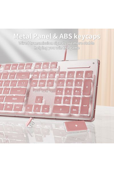 Choice Pink -white light EWEADN GX710S Office Keyboard silent, All-Metal Panel 104 Keys Wired with Water Dr