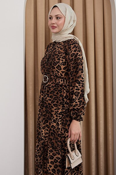 InStyle Leopar Desen Kahverengi Viskon Elbise