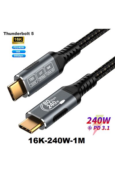 Choice كابل Thunderbolt 5 Type-C بطول 16 كيلو-1 متر، 16 كيلو @ 30 هرتز، 8 كيلو، 48 فولت/5 أمبير، PD240W، 80 جيجابت في الثانية، من Type C إلى USB C، لهاتف iPhone 15 Pr