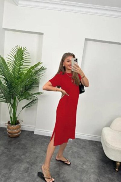 Mossta Red Viscose Dress - Slit Hasta Feel Comfortable Fit