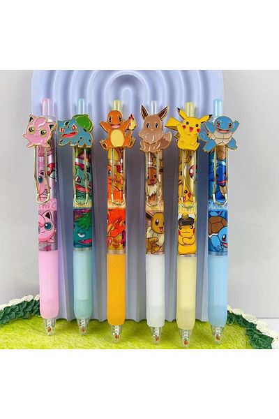 Choice Box random 6pcs 6pcs Pikachu Gel Pen Set Metal Badge Pokemon Ballpoint Pen Cartoon Printing Writing