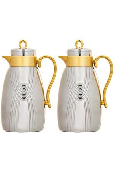 ALSAIF Coffee And Tea Vaccum Flask Set In Matt Nickel/gold / Leak-proof And Keeps Drinks Hot 1.0/1.0 Liter
