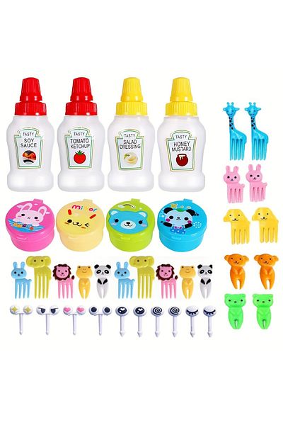 Choice 38pcs-Color random 38pcs lunch accessory set including cartoon fruit fork, salad dressing squeeze bo