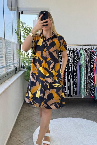 KUBOS MODA Shoulder Draped Polo Neck U Pattern Brush Black Knee Length Dress
