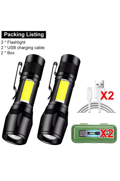 Choice 2PCS With Box Mini LED Flashlight COB+XPE Portable Torch USB Charging Camping Lantern Zoomable Focus