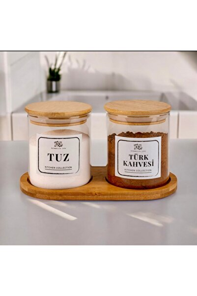 Kitchen Pembelia Bambu Standlı Tuz,Türk Kahve Saklama Kavanozu