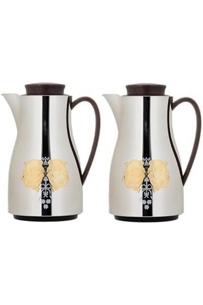 ALSAIF Coffee And Tea Vaccum Flask Set In Nickel/wooden/gold / Leak-proof And Keeps Drinks Hot 1.0/1.0l