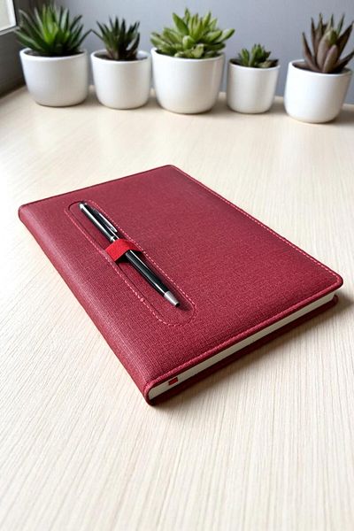 Nesnel Gift Modern Design Pen Agenda Claret Red Fabric Covering - Metal Pen with Black Touchpen as a Gift