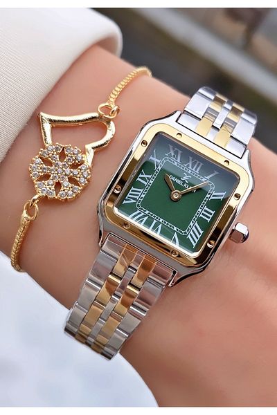 Daniel Klein Yellow Silver Color Women's Wrist Watch and Bracelet Gift