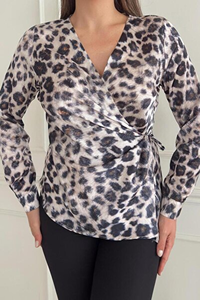 Flame İstanbul Butik Leopard Patterned Side Tie Blouse - Stp1289