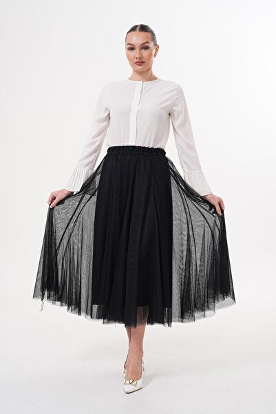 Flame İstanbul Butik تنورة من التول الأسود مع خصر مطاطي SRP9507