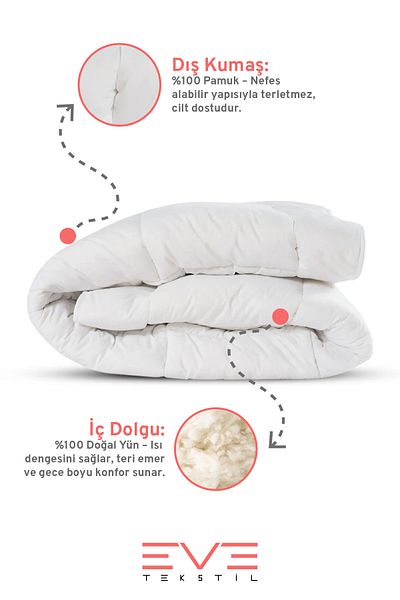 Eve Tekstil 100% Merino Lamb Wool Cotton Antiallergic King Size Quilt 220X240 cm