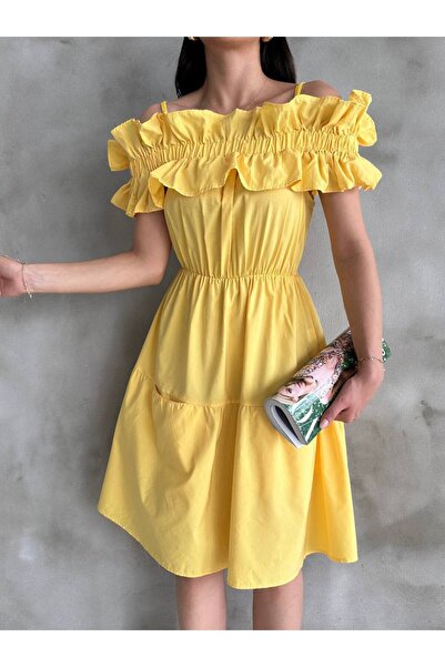 LE CARAMBOLE Women's Yellow Ruffled Madonna Collar Pocket Detailed Short Summer Dress