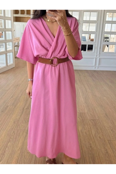 SANX Pembe Kemerli Yırtmaçlı Elbise