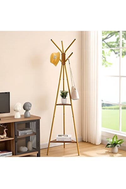 COOYA Clothes Holder, Modern Independent Three Pronged Metal Hanger, With 2 Shelves, Easy Assembly, Gold