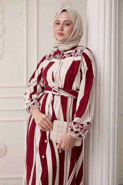 InStyle Patterned Belted Red Viscose Dress