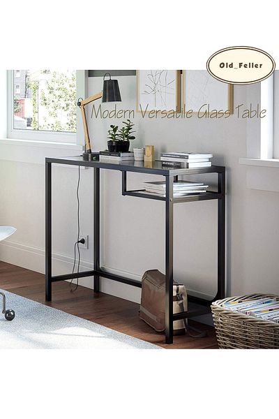 Old_Feller Modern glass entryway table, steel frame, tempered top. Multi-use, easy assembly