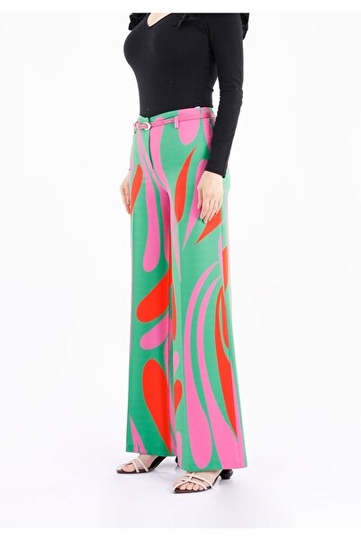 Guzella Maxi Length Waist Belted Digital Printed Fuchsia Wide Leg Trousers