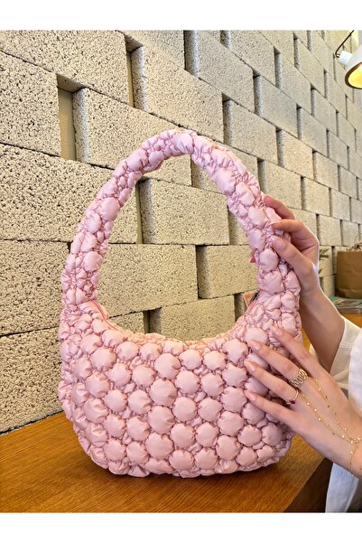 Fluffy Turkey Cluody Bag Pink Baguette Γυναικεία Καπιτονέ / Καπιτονέ Τσάντα Χεριού και Ώμου Μήκος: 25 Πλάτος: 35 Λαβή: 60 cm