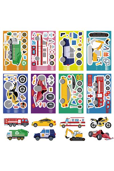 Choice 8pcs 8/16/24pcs Fire Truck Ambulance Puzzle Stickers Gifts Decoration Diy Decal Motorcycle Excavator