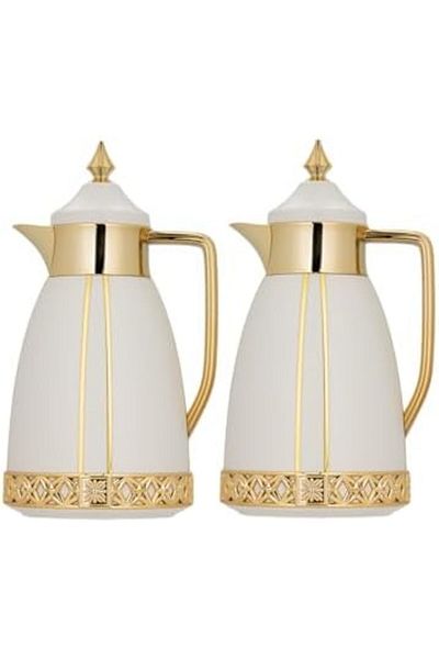 ALSAIF Coffee And Tea Vaccum Flask Set In Ivory/gold / Leak-proof And Keeps Drinks Hot 1.0/0.7 Liter