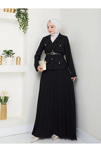 EFSUN MODA PİLELİ ETEKLI CEKETLI GOLD DÜĞMELİ KEMERLİ BLAZER TESETTÜR TAKIM S...
