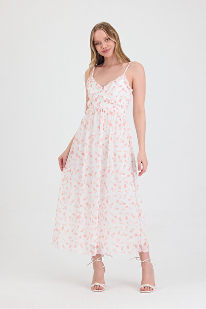 Ceylen Desenli Şifon Beyaz Askılı Elbise