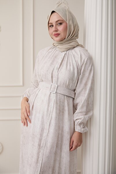 InStyle Hakim Yaka Çilek Desen Ekru Elbise