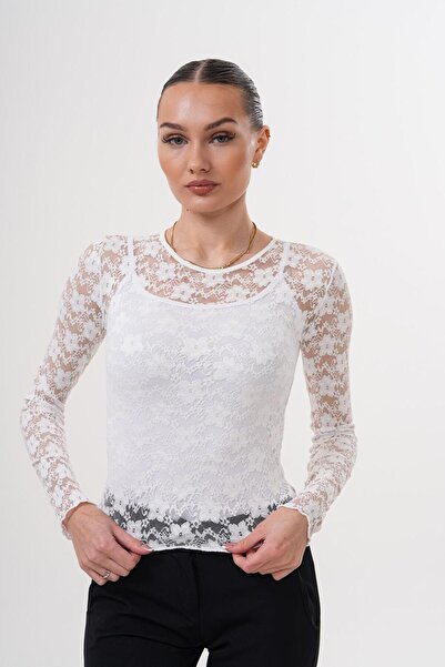 Flame İstanbul Butik Bluză albă din dantelă - VLR2558