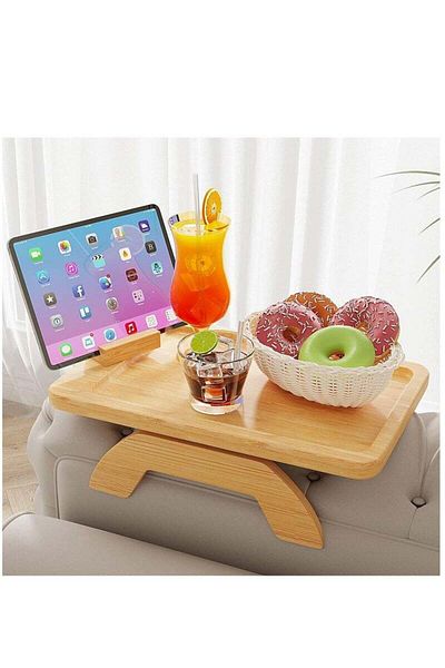 COOYA Bamboo Couch Arm Table Tray,with 360 Rotating Phone Holder,Foldable for Food,Drinks,Snacks,Phone
