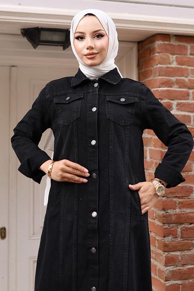 Modamihram Detailed Button Black Ferace Jeans 6122