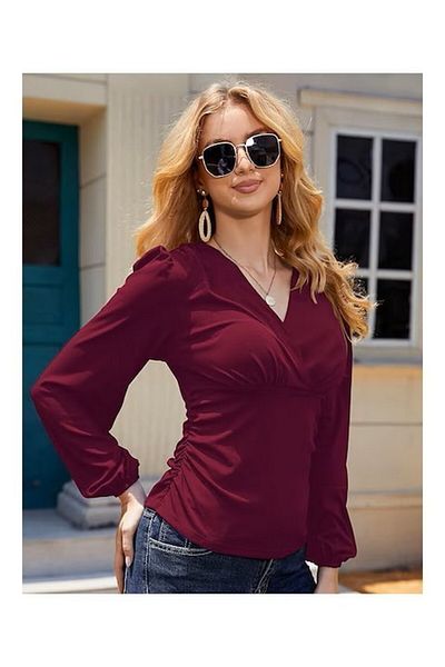 ANGGREK Long-sleeved blouse, deep V-neck, fitted, ANGGREK